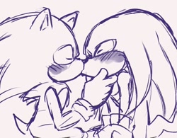 Size: 1536x1198 | Tagged: safe, artist:lying_grry1280, knuckles the echidna, sonic the hedgehog, 2022, blushing, duo, eyes closed, gay, grey background, hand on chin, kiss, knuxonic, line art, shipping, sitting, white background