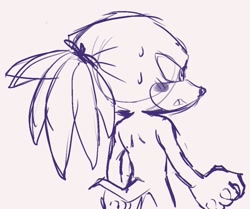 Size: 1404x1176 | Tagged: safe, artist:lying_grry1280, knuckles the echidna, 2022, back view, blushing, hair up, line art, looking offscreen, ponytail, simple background, sketch, smile, solo, standing, sweatdrop