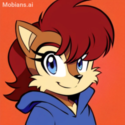 Size: 2048x2048 | Tagged: safe, ai art, artist:mobians.ai, sally acorn, hoodie, looking at viewer, orange background, prompter:taeko, simple background, smile, solo