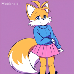 Size: 512x512 | Tagged: safe, ai art, artist:mobians.ai, miles "tails" prower, crossdressing, femboy, lidded eyes, looking at viewer, prompter:taeko, purple background, simple background, skirt, smile, solo, standing, sweater