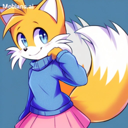 Size: 512x512 | Tagged: safe, ai art, artist:mobians.ai, miles "tails" prower, blue background, blushing, crossdressing, cute, femboy, gloves off, prompter:taeko, simple background, skirt, smile, solo, standing, sweater