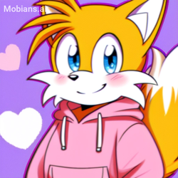 Size: 512x512 | Tagged: safe, ai art, artist:mobians.ai, miles "tails" prower, blushing, cute, heart, hoodie, looking at viewer, pink hoodie, prompter:taeko, purple background, simple background, smile, solo, standing