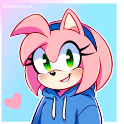 Size: 512x512 | Tagged: safe, ai art, artist:mobians.ai, amy rose, alternate outfit, blue background, blue hoodie, blushing, border, heart, hoodie, looking at viewer, mouth open, outline, prompter:taeko, simple background, smile, solo