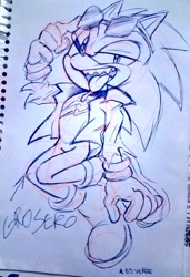 Size: 701x1024 | Tagged: safe, artist:lebluenooki, scourge the hedgehog, 2023, drooling, looking at viewer, mouth open, saliva, sharp teeth, smile, solo, traditional media