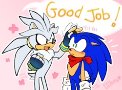 Size: 1118x828 | Tagged: safe, artist:pukopop, silver the hedgehog, sonic the hedgehog, 2023, abstract background, alternate universe, bandana, blushing, dialogue, duo, english text, gay, head pat, shipping, shrunken pupils, sonilver, speech bubble, standing, sweatdrop