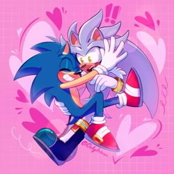 Size: 2048x2048 | Tagged: safe, artist:onlyastraa, silver the hedgehog, sonic the hedgehog, 2022, abstract background, blushing, duo, exclamation mark, gay, heart, holding them, hugging, shipping, smile, sonilver, surprised