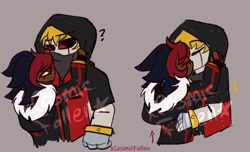 Size: 1071x651 | Tagged: safe, artist:xcosmicfallen, e-123 omega, shadow the hedgehog, human, 2022, bandana, black sclera, duo, gay, grey background, hood up, hugging, humanized, kiss, looking offscreen, omegadow, question mark, shipping, signature, simple background, standing, yellow sclera