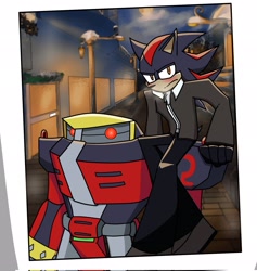 Size: 1943x2048 | Tagged: safe, artist:latchin0nn, e-123 omega, shadow the hedgehog, 2023, abstract background, blushing, duo, gay, looking at viewer, omegadow, outdoors, photo, photograph, riding on shoulder, robot, shipping, sitting