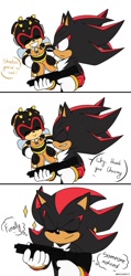 Size: 946x1980 | Tagged: safe, artist:artsriszi, charmy bee, shadow the hedgehog, 2021, comic, dialogue, duo, english text, eyes closed, flying, gun, holding something, panels, smile, sparkles, standing, thought bubble