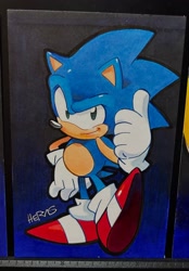 Size: 1428x2047 | Tagged: safe, artist:matt herms, sonic the hedgehog, classic sonic, looking at viewer, smile, solo, standing on one leg, thumbs up, traditional media