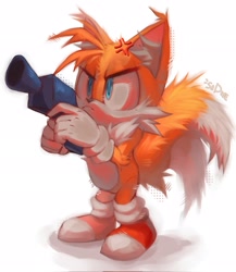 Size: 1775x2048 | Tagged: safe, artist:sadw_e, miles "tails" prower, 2023, :<, angry, cross popping vein, ear fluff, fluffy, frown, gun, holding something, lineless, looking offscreen, shadow (lighting), signature, simple background, solo, standing, tailabetes, this will end in injury and/or death, white background