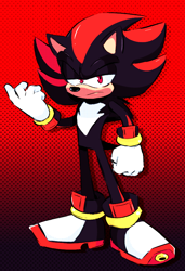 Size: 592x864 | Tagged: safe, artist:supersnesm, shadow the hedgehog, clenched fist, frown, gradient background, lidded eyes, looking at viewer, solo, standing