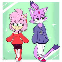 Size: 2000x2000 | Tagged: safe, artist:yoshiyoshi700, amy rose, blaze the cat, cat, hedgehog, 2021, amy x blaze, cute, female, females only, hoodie, lesbian, looking at something, shipping, sparkles