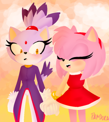 Size: 726x815 | Tagged: safe, artist:obstagoodra, amy rose, blaze the cat, cat, hedgehog, 2021, amy x blaze, amy's halterneck dress, blaze's tailcoat, blushing, cute, eyes closed, female, females only, holding hands, lesbian, mouth open, shipping