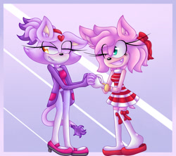 Size: 1024x911 | Tagged: safe, artist:cyan-sky, amy rose, blaze the cat, cat, hedgehog, 2017, amy x blaze, cute, female, females only, heart, holding hands, lesbian, one eye closed, shipping