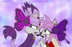 Size: 1023x667 | Tagged: safe, artist:silvaze126, amy rose, blaze the cat, cat, hedgehog, 2016, amy x blaze, amy's halterneck dress, blaze's tailcoat, cute, female, females only, headset, holding hands, lesbian, looking at each other, shipping