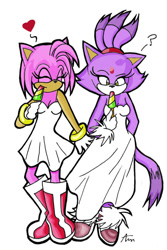 Size: 600x898 | Tagged: safe, artist:the-sonic-lover-club, amy rose, blaze the cat, cat, hedgehog, 2008, amy x blaze, cute, dress, eyes closed, female, females only, heart, ice cream, lesbian, question mark, shipping, shoes