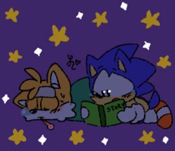 Size: 370x320 | Tagged: dead source, safe, artist:tailsmybuddy67, miles "tails" prower, sonic the hedgehog, 2023, blushing, book, classic sonic, classic tails, crying, cute, duo, frown, gay, holding something, lying down, purple background, reading, shipping, sick, signature, simple background, sonabetes, sonic x tails, sparkles, star (symbol), tailabetes, tears, thermometer