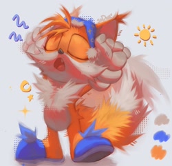 Size: 2048x1975 | Tagged: safe, artist:sadw_e, miles "tails" prower, 2023, arms up, eyes closed, fluffy, grey background, lineless, mouth open, one fang, simple background, sleeping hat, slippers, solo, standing, yawning