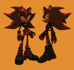 Size: 1574x1487 | Tagged: safe, artist:nova-rpv, shadow the hedgehog, boots, chain, crop jacket, ear fluff, ear piercing, earring, eyelashes, fingerless gloves, frown, leg warmers, male, mouth open, one fang, punk, simple background, skirt, solo, spiked bracelet, standing, yellow background