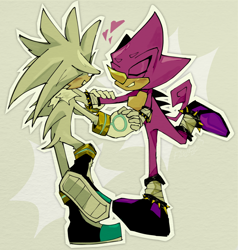 Size: 1950x2048 | Tagged: safe, artist:flixleoz, espio the chameleon, silver the hedgehog, blushing, duo, eyes closed, gay, grey background, holding hands, outline, shipping, silvio, simple background, smile, standing on one leg