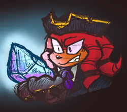 Size: 1486x1313 | Tagged: safe, artist:panickedghost, knuckles the echidna, sonic prime, holding something, knuckles the dread, looking at something, paradox prism, redraw, smile, solo, standing