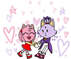 Size: 782x647 | Tagged: safe, artist:youlikecaketoo, amy rose, blaze the cat, cat, hedgehog, 2023, amy x blaze, amy's halterneck dress, blaze's tailcoat, chibi, cute, eyes closed, female, females only, hearts, holding hands, japanese text, lesbian, mouth open, shipping, valentine's day
