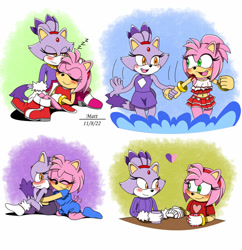 Size: 1024x1059 | Tagged: safe, artist:silverphantom36, amy rose, blaze the cat, cat, hedgehog, 2022, amy x blaze, amy's halterneck dress, blaze's tailcoat, blushing, eyes closed, female, females only, heart, holding hands, hugging from behind, lesbian, looking at each other, shipping, sleeping, swimsuit, tail wagging
