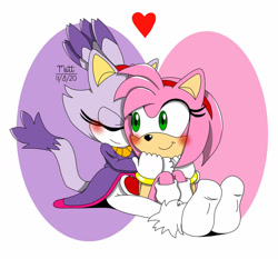 Size: 1024x956 | Tagged: safe, artist:silverphantom36, amy rose, blaze the cat, cat, hedgehog, 2020, amy x blaze, amy's halterneck dress, blaze's tailcoat, blushing, cute, eyes closed, female, females only, heart, hugging from behind, lesbian, looking back, shipping