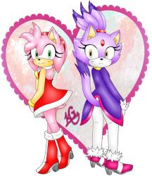Size: 831x961 | Tagged: safe, artist:royaltwilight, amy rose, blaze the cat, cat, hedgehog, 2017, amy x blaze, amy's halterneck dress, blaze's tailcoat, cute, female, females only, heart, lesbian, looking at viewer, looking back at viewer, shipping