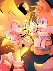 Size: 1536x2048 | Tagged: dead source, safe, artist:tetsumiles, miles "tails" prower, sonic the hedgehog, super sonic 2, sonic frontiers, 2023, abstract background, alternate version, blue eyes, duo, electricity, gay, glowing, glowing eyes, holding something, kneeling, looking at each other, marshmallow, one fang, shipping, sitting, smile, sonic x tails, sparkles, super form