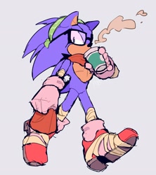 Size: 1821x2048 | Tagged: safe, artist:yu33_pm, sonic the hedgehog, 2023, bandana, coffee, drinking, glasses, grey background, headscarf, holding something, looking at viewer, simple background, sketch, solo, sports tape, steam, top surgery scars, trans male, transgender, walking
