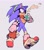 Size: 1821x2048 | Tagged: safe, artist:yu33_pm, sonic the hedgehog, 2023, bandana, coffee, drinking, glasses, grey background, headscarf, holding something, looking at viewer, simple background, sketch, solo, sports tape, steam, top surgery scars, trans male, transgender, walking