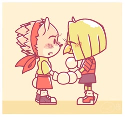 Size: 962x900 | Tagged: safe, artist:wildmaze_, amy rose, tekno the canary, 2019, abstract background, amybetes, blushing, border, cute, duo, eyes closed, holding hands, lesbian, looking at them, shipping, smile, standing, teknabetes, teknamy