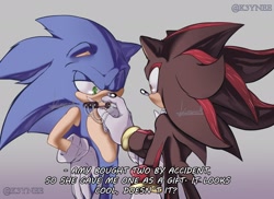 Size: 2048x1494 | Tagged: safe, artist:k3ynee, shadow the hedgehog, sonic the hedgehog, 2023, choker, dialogue, duo, english text, gradient background, standing