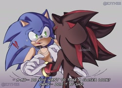 Size: 2048x1494 | Tagged: safe, artist:k3ynee, shadow the hedgehog, sonic the hedgehog, 2023, choker, dialogue, duo, english text, exclamation mark, gay, gradient background, holding them, looking at them, shadow x sonic, shipping, standing, sweatdrop