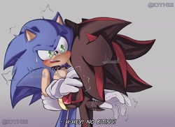 Size: 2048x1494 | Tagged: safe, artist:k3ynee, shadow the hedgehog, sonic the hedgehog, 2023, biting, blushing, choker, dialogue, duo, english text, gay, gradient background, holding each other, mouth open, shadow x sonic, shipping, standing, sweatdrop
