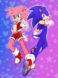 Size: 768x1024 | Tagged: safe, artist:animesonic2, amy rose, sonic the hedgehog, oc, oc:jaime (tasp), 2022, abstract background, duo, gender swap, heart, jacket, looking at viewer, outline, shorts, signature, smile, star (symbol), tails and sonic pals (youtube)