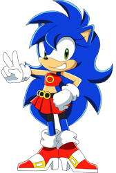 Size: 733x1090 | Tagged: safe, sonic the hedgehog, oc, oc:sonica (tasp), crop top, gender swap, heels, looking at viewer, ring, simple background, skirt, smile, solo, sonic x style, tails and sonic pals (youtube), transparent background, v sign