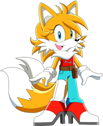Size: 1030x1257 | Tagged: safe, miles "tails" prower, oc, oc:tailsko (tasp), belt, chest fluff, gender swap, looking at viewer, mouth open, pants, simple background, single thighhigh, smile, solo, sonic x style, standing, tails and sonic pals (youtube), tank top, transparent background