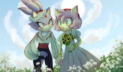 Size: 1280x747 | Tagged: safe, artist:knucklesenjoyer, amy rose, blaze the cat, cat, hedgehog, 2022, amy x blaze, cute, dress, female, females only, flower crown, holding hands, lesbian, shipping, sunflower
