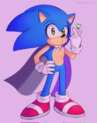Size: 1619x2048 | Tagged: safe, artist:sakuchan_art, sonic the hedgehog, 2023, ace, aromantic, aromantic pride, asexual pride, cape, hand on hip, heart, looking at viewer, pout, purple background, simple background, solo, standing
