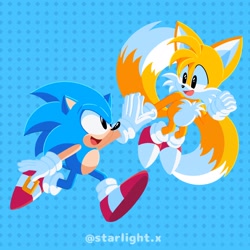 Size: 2048x2048 | Tagged: safe, artist:starlightabx, miles "tails" prower, sonic the hedgehog, sonic superstars, 2023, abstract background, classic sonic, classic tails, clenched fist, duo, flying, high five, looking at each other, mouth open, running, smile, sonabetes, spinning tails, tailabetes