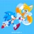 Size: 2048x2048 | Tagged: safe, artist:starlightabx, miles "tails" prower, sonic the hedgehog, sonic superstars, 2023, abstract background, classic sonic, classic sonic (universe), classic tails, clenched fist, duo, flying, high five, looking at each other, mouth open, running, smile, sonabetes, spinning tails, tailabetes