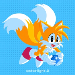 Size: 2048x2048 | Tagged: safe, artist:starlightabx, miles "tails" prower, sonic superstars, 2023, abstract background, chaos emerald, classic tails, cute, holding something, looking at viewer, mouth open, redraw, smile, solo, sparkle, tailabetes