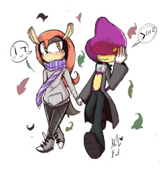 Size: 1024x1117 | Tagged: safe, artist:fiesty-evil-fangirl, artist:kaykayamy, espio the chameleon, mighty the armadillo, 2016, blushing, clothes, duo, flustered, gay, holding hands, leaf, mightio, scarf, shipping, signature, simple background, walking, white background
