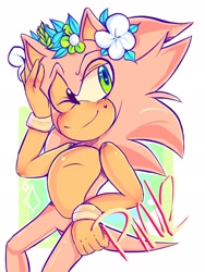 Size: 1536x2048 | Tagged: safe, artist:kaykayamy, sonic the hedgehog, oc, oc:sakura sonic, 2018, abstract background, blushing, color swap, flower crown, gloves off, hand on face, looking at viewer, one eye closed, pink fur, signature, smile, solo, standing, wristband