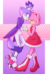 Size: 1820x2700 | Tagged: safe, artist:m3chanomorphic, amy rose, blaze the cat, cat, hedgehog, 2021, amy x blaze, amy's halterneck dress, blaze's tailcoat, blushing, cute, eyes closed, female, females only, flame, holding hands, lesbian, shipping