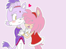 Size: 800x600 | Tagged: safe, artist:spurrinkles, amy rose, blaze the cat, cat, hedgehog, 2023, amy x blaze, amy's halterneck dress, blaze's tailcoat, blushing, cute, eyes closed, female, females only, heart, holding hands, lesbian, mouth open, shipping