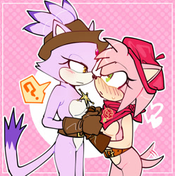 Size: 1280x1288 | Tagged: safe, artist:galadysp, amy rose, blaze the cat, cat, hedgehog, 2021, amy x blaze, cute, female, females only, flower, hat, hearts, lesbian, looking at each other, natural alt, natural amy rose, natural blaze, question mark, sheriff star, shipping